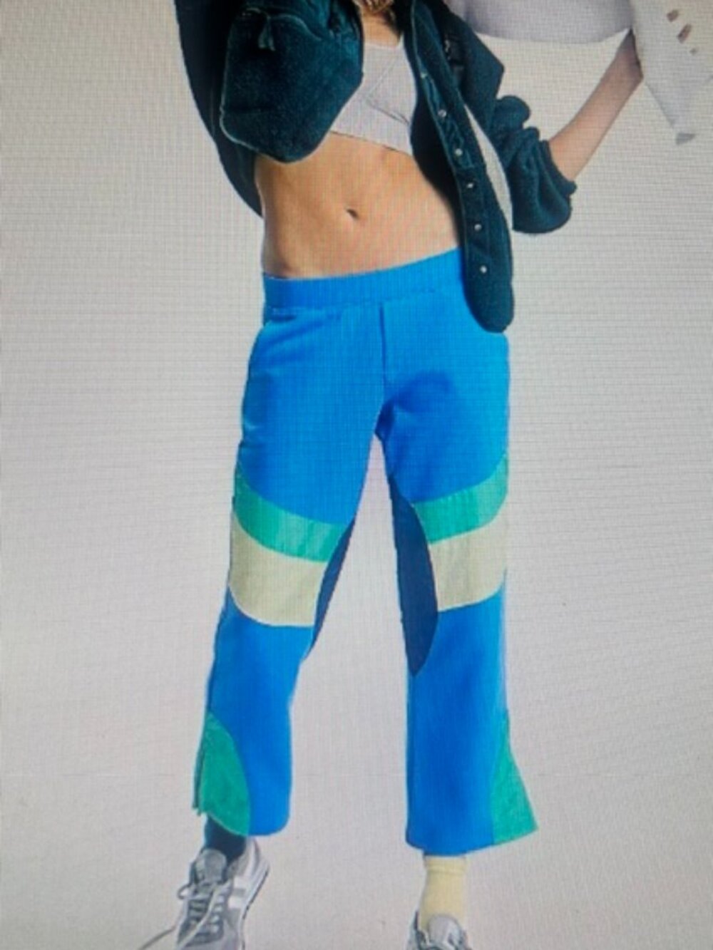 Free People Flurry Blue Green Colorblock Patchwork Flare Crop Athleisure Pants